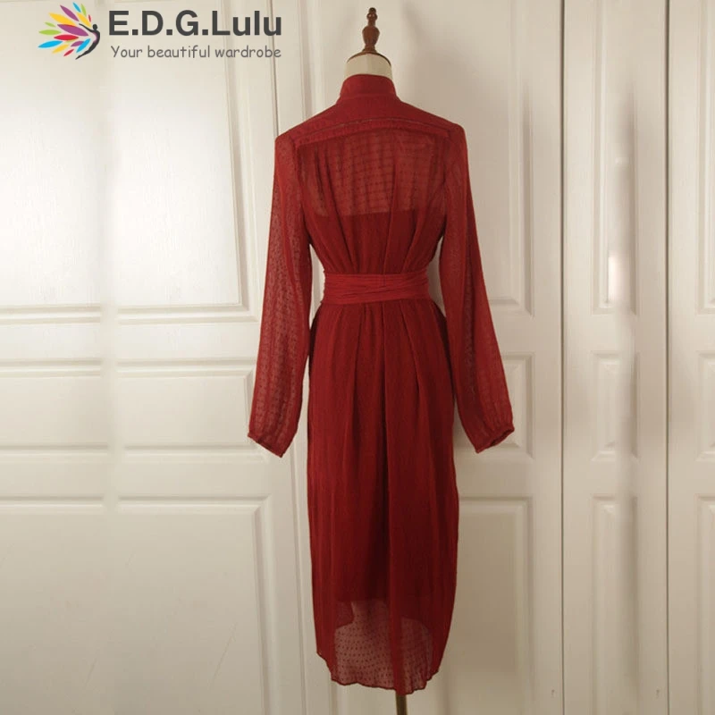 EDGLuLu o-neck lace-up white lace dress long sleeve vintage chic sexy elegant button decoration red autumn dress women