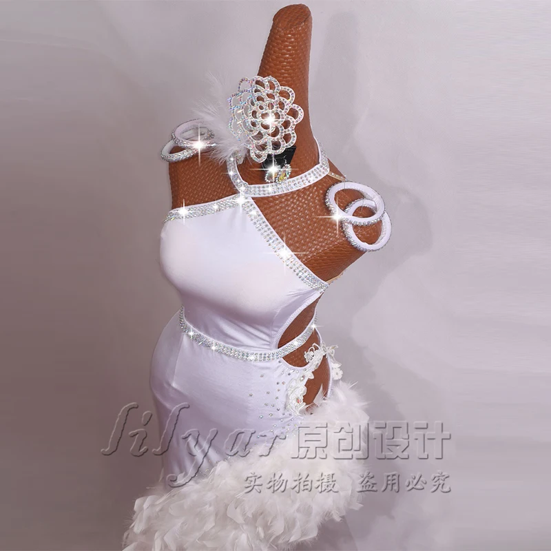 New Latin Dress Dance Dress Competition Dress Skirt Decoration Latin Dance Costumes Skirtes White Feather Sexy A- line Embroider