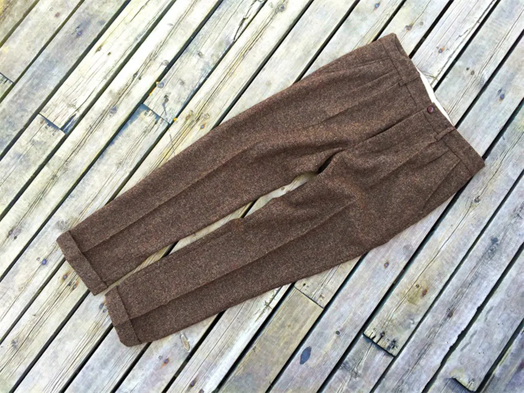 Men\'s Brown Tweed Straight High Waist Pants Classic Designer Amekaji Trousers Autumn and Winter Slack Pants Man Costumes