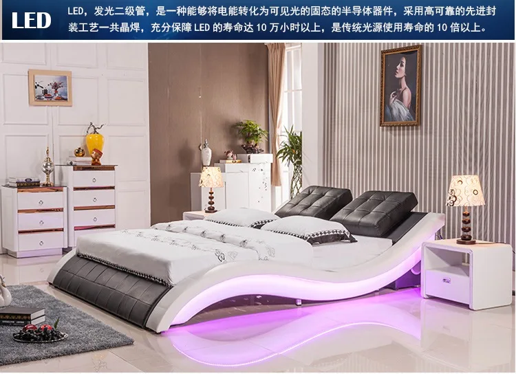 modern real genuine leather bed / soft bed/double bed king/queen size bedroom with sound system for iphone ipad LED light