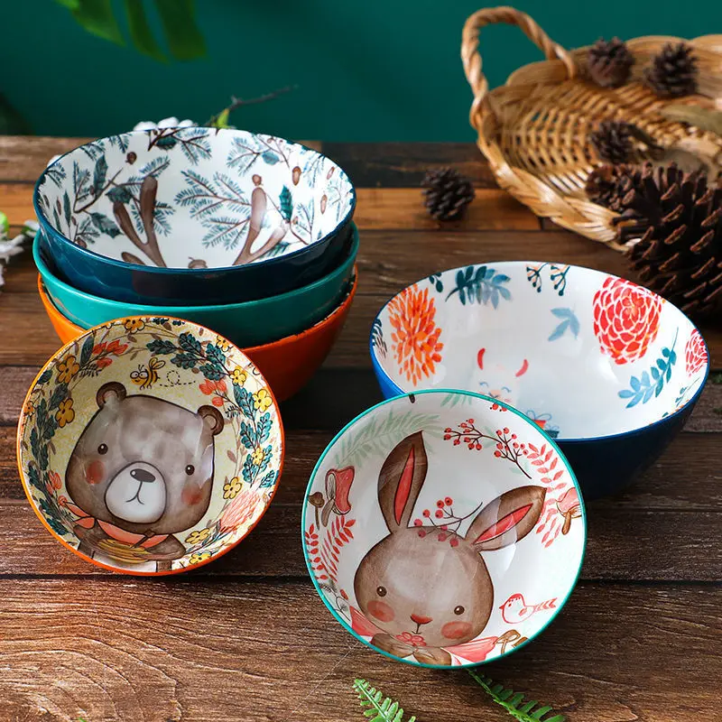 Ceramic Binaural Bowls Noodle Soup Fruit Salad Plates Underglaze Cute Dinnerware Animal Pattern Kitchen Supplies Creative Tablew