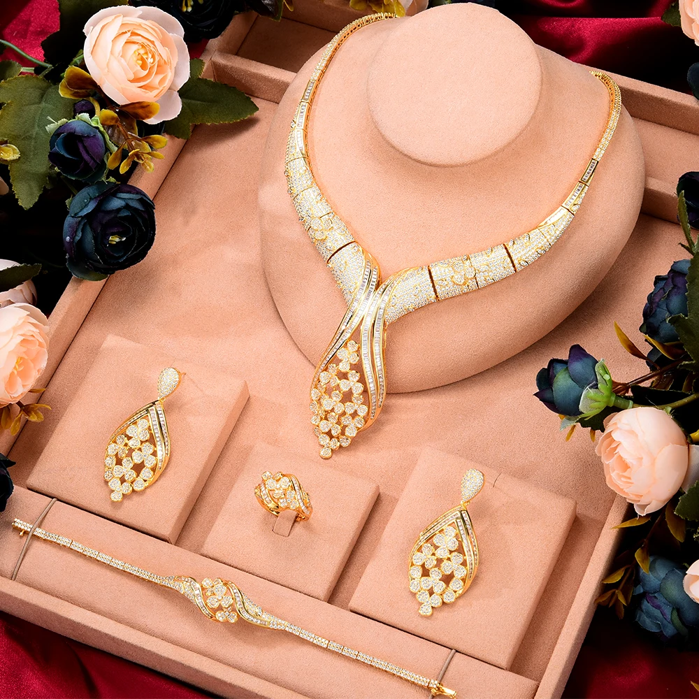 

GODKI Luxury Flower Double Layer Jewelry Sets For Women Wedding Full Micro Cubic Zirconia Dress Choker Necklace Earring Sets