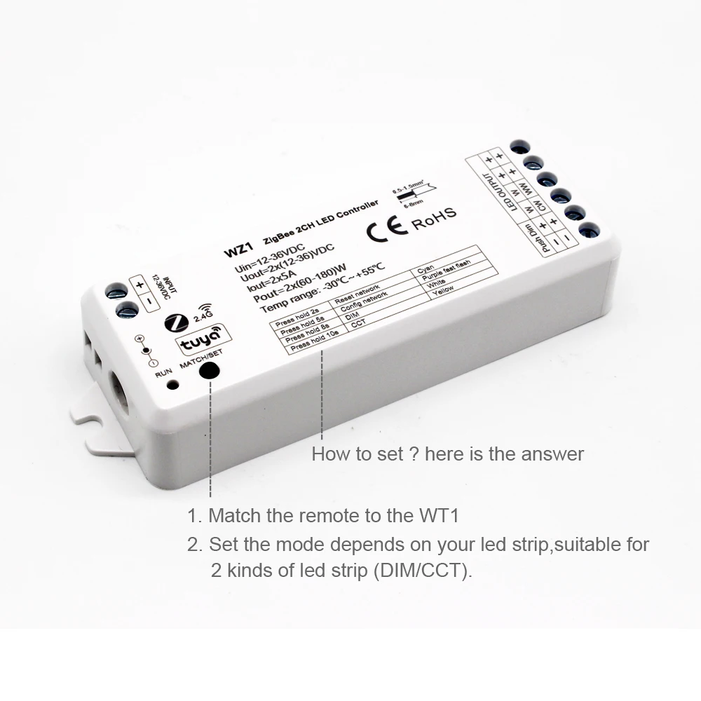 Tuya Zigbee Dimmer LED Switch 12V 24V 36V DC 2CH Wireless RF 2.4G Remote WIFI Smart Life CCT WW CW Strip Controller WZ1 Dimer