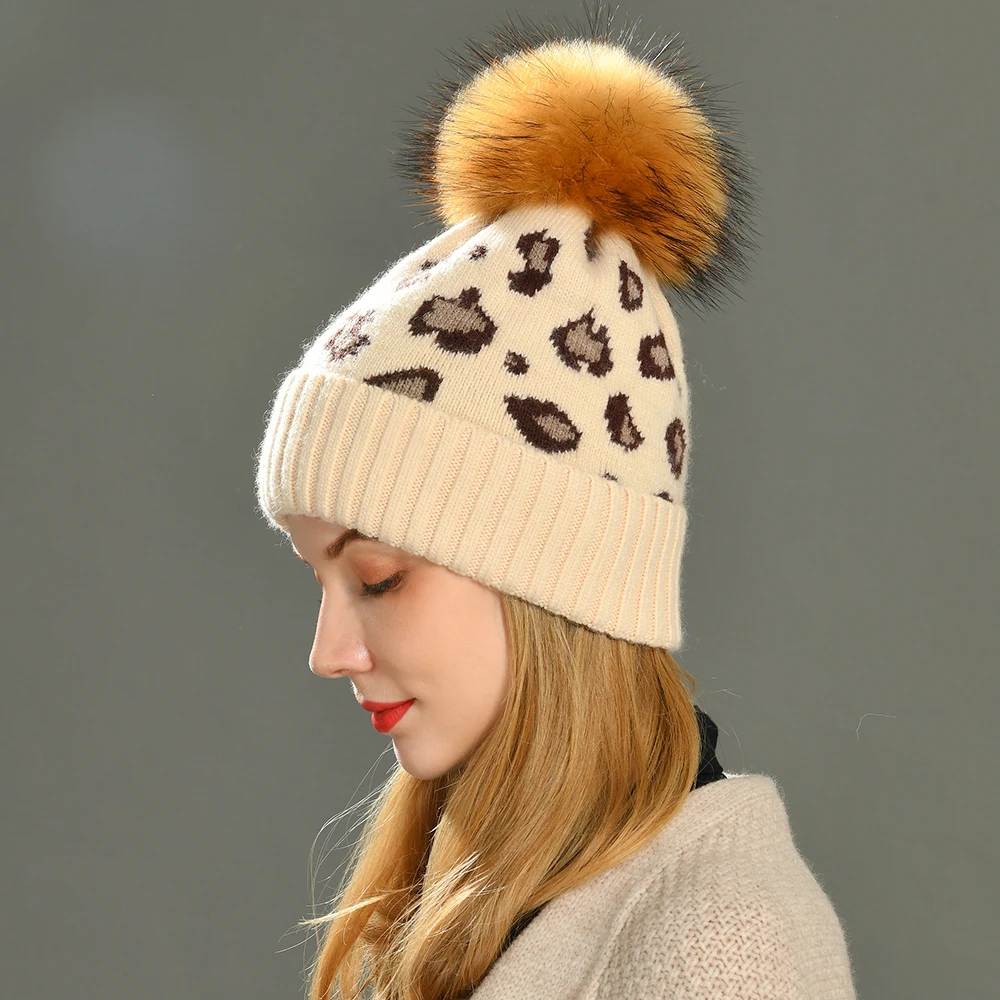 Jxwatcher Winter Hat Soft Wool Cashmere Knitted Beanie With Real Big Raccoon Fur Pompom Bonnet Wholesale Leopard Women Beanies