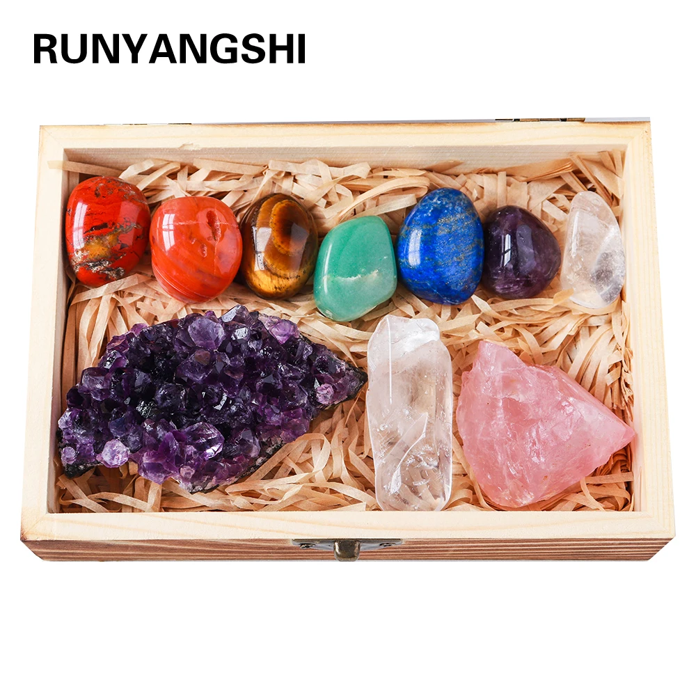 Drop shipping Natural Crystal 7 chakras Treatment Stone Amethyst cluster Collect Ore mark With Wooden Box