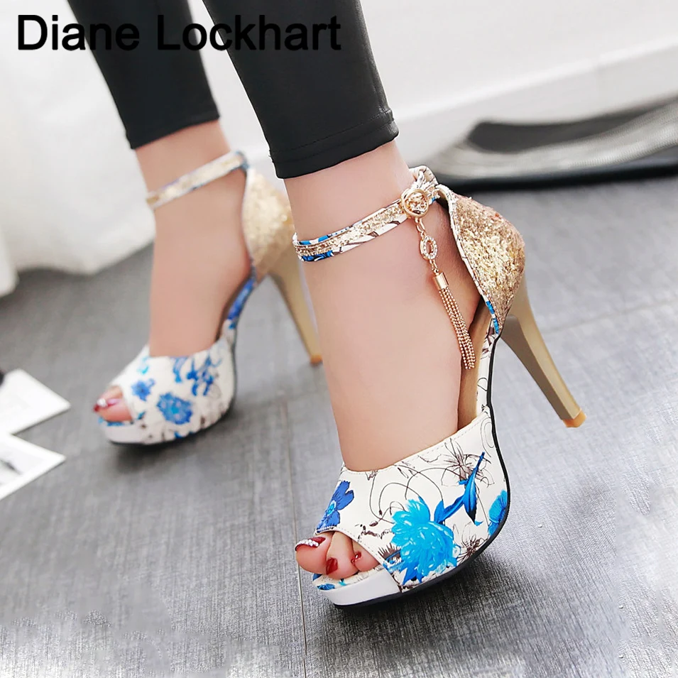 women Summer Flower print shoes Fish Mouth high heel ladys platform sandals evening dress wedding shoes femal zapatos de mujer