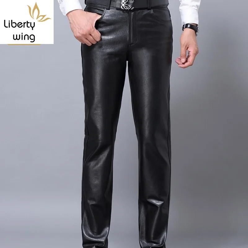 Mens Brand Sheepskin Real Leather Pants Casual Business Classic Full Length Black Trousers Autumn Fleece Lining Skinny Biker Man