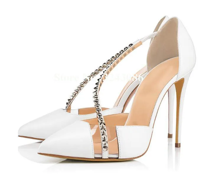 Women Rivets Stiletto Heel Pumps Shoes Fashion Pointed Toe Black White Leather PVC Patchwork Single Shoes Lady Large Size Shoes image 4