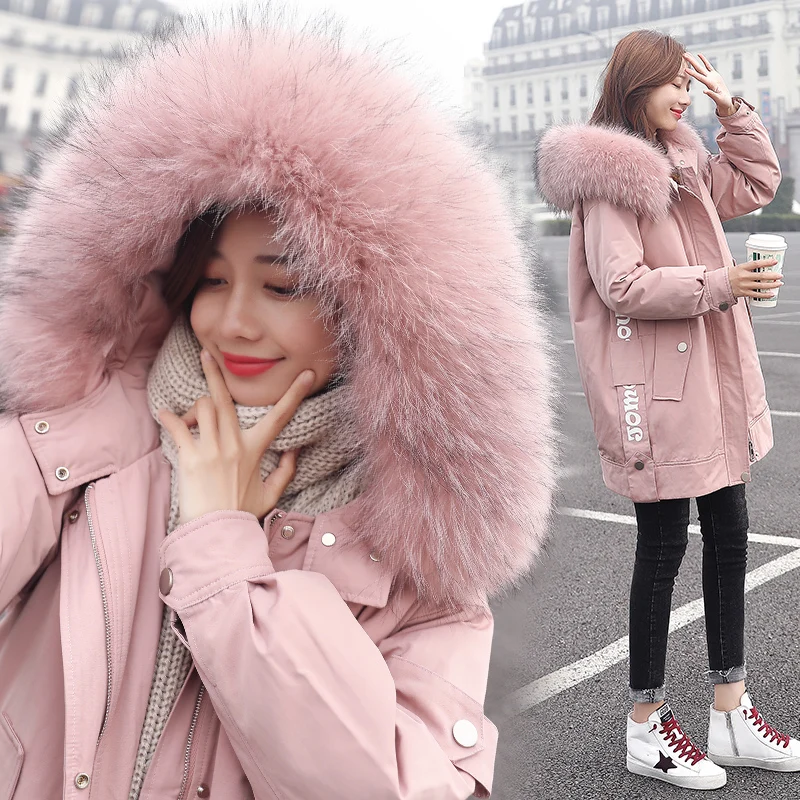 Down jacket women winter 2022 new fashion Korean style big fur collar hooded loose 90% white duck down mid-length thick coatA621