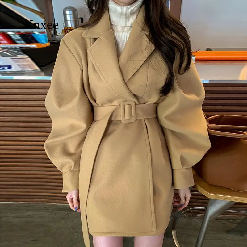 Winter Female Fashion Casual Turn Down Collar Long-Sleeved Minimalist Solid Color Lace Up Woolen Top Overcoat