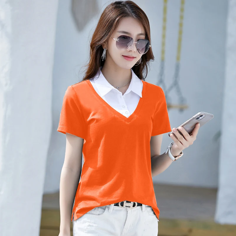 2023 Summer New Short-sleeved T-shirt Women\'s Lapel Fake Two-piece Shirt Casual Slim Solid Color Cotton Top