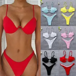 Conjunto de Bikini brasileño sin relleno para mujer, bañador Sexy de realce, 4 colores, triangular, envío directo