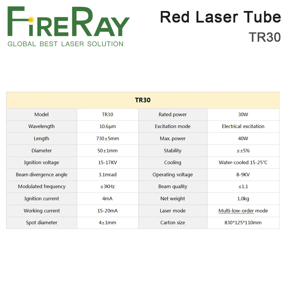 FireRay CO2 Laser Tube 30-40W Dia. 50mm Length 730mm With Red Point for CO2 Laser Cutting and Engraving Machine