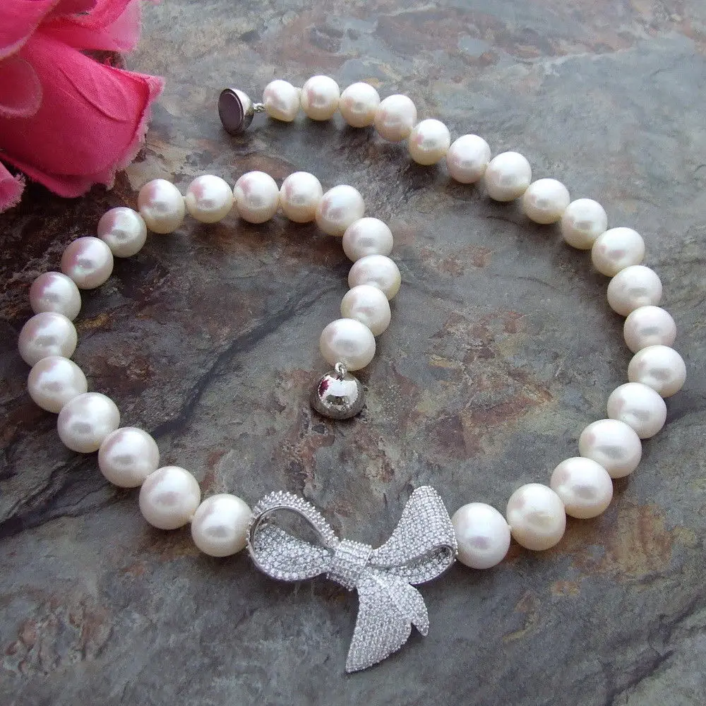 

19" 10-11MM White Freshwater Pearl Necklace CZ Pendant