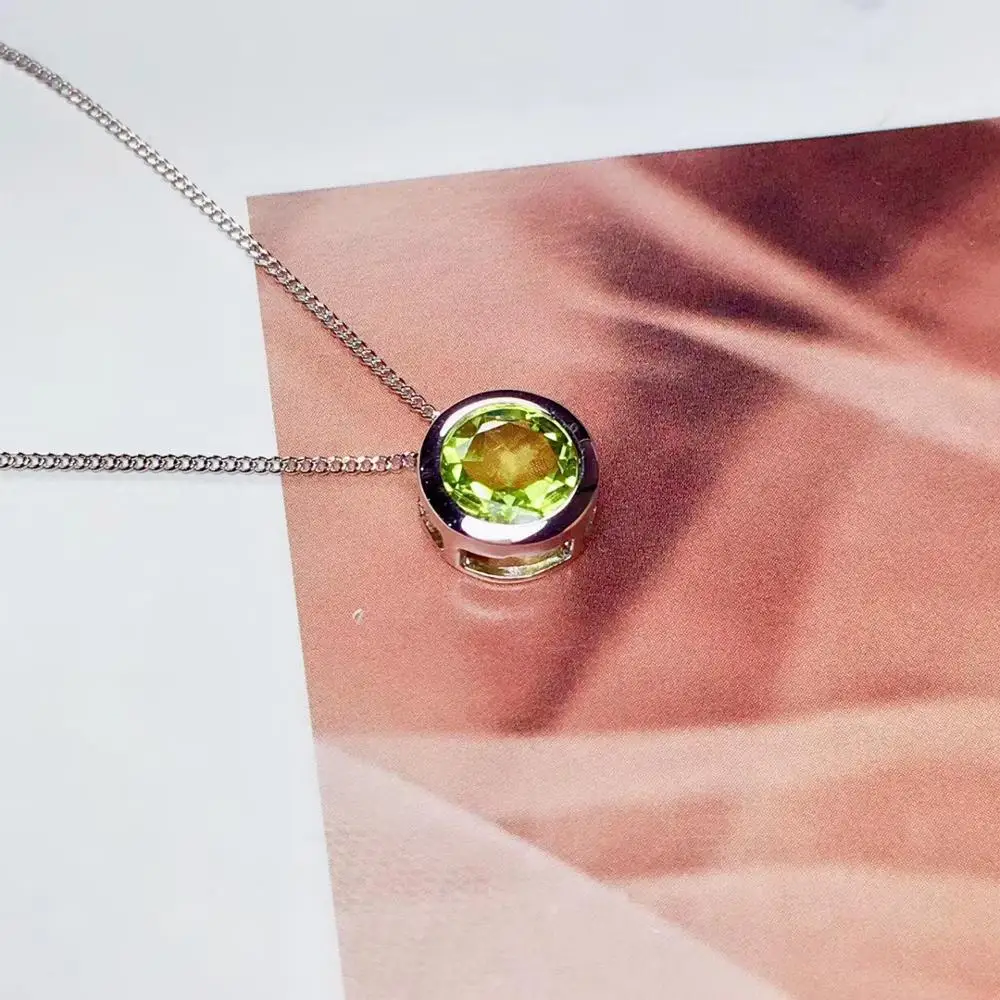 chic green peridot gemstone pendant for women necklace with silver fine jewelry  birthday anniversary gift  round green gem