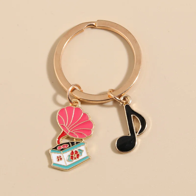 Cute Enamel Keychain Nostalgic Record Player Note Key Ring Phonograph Key Chains Music Gifts For Women Men DIY Handmade Jewelry