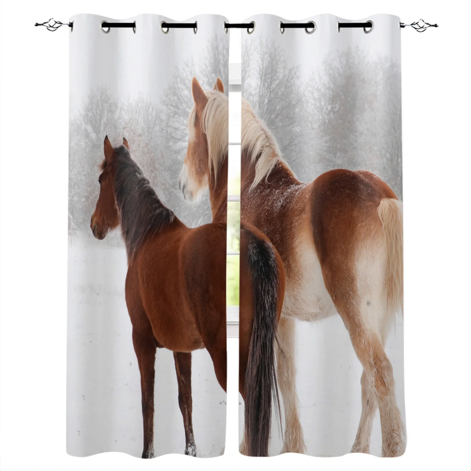 Horse Snow Scene Animal Window Curtains for Living Room Bedroom Kitchen Modern Curtains Home Decoration Drapes Blinds