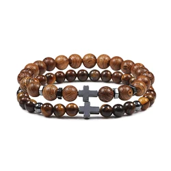 Hot Fashion Cross Charm Bracelet For Men Women Handmade Beaded Natural Tiger Eye Bracelets Yoga Prayer Jewelry Gift Homme