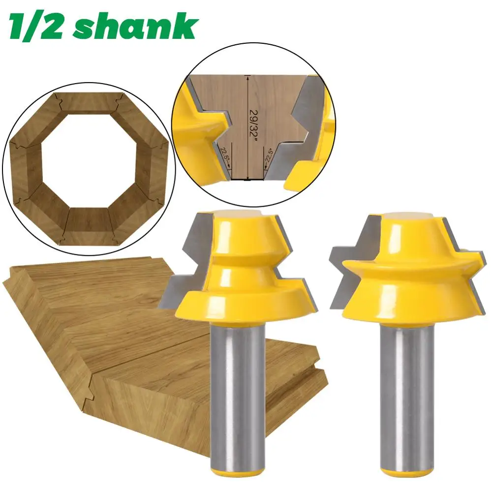 2pc Lock Miter Router 22.5 Degree Glue Joinery Router Bit - 1/2\