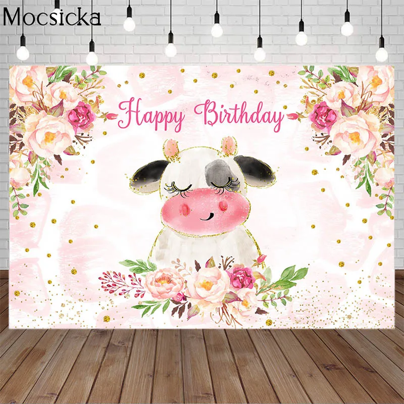 

Mocsicka Cows Baby Shower Backdrop Green Leaf Flowers Cattle Prop Newborn Birthday Party Decor Banner Photo Background Photocall