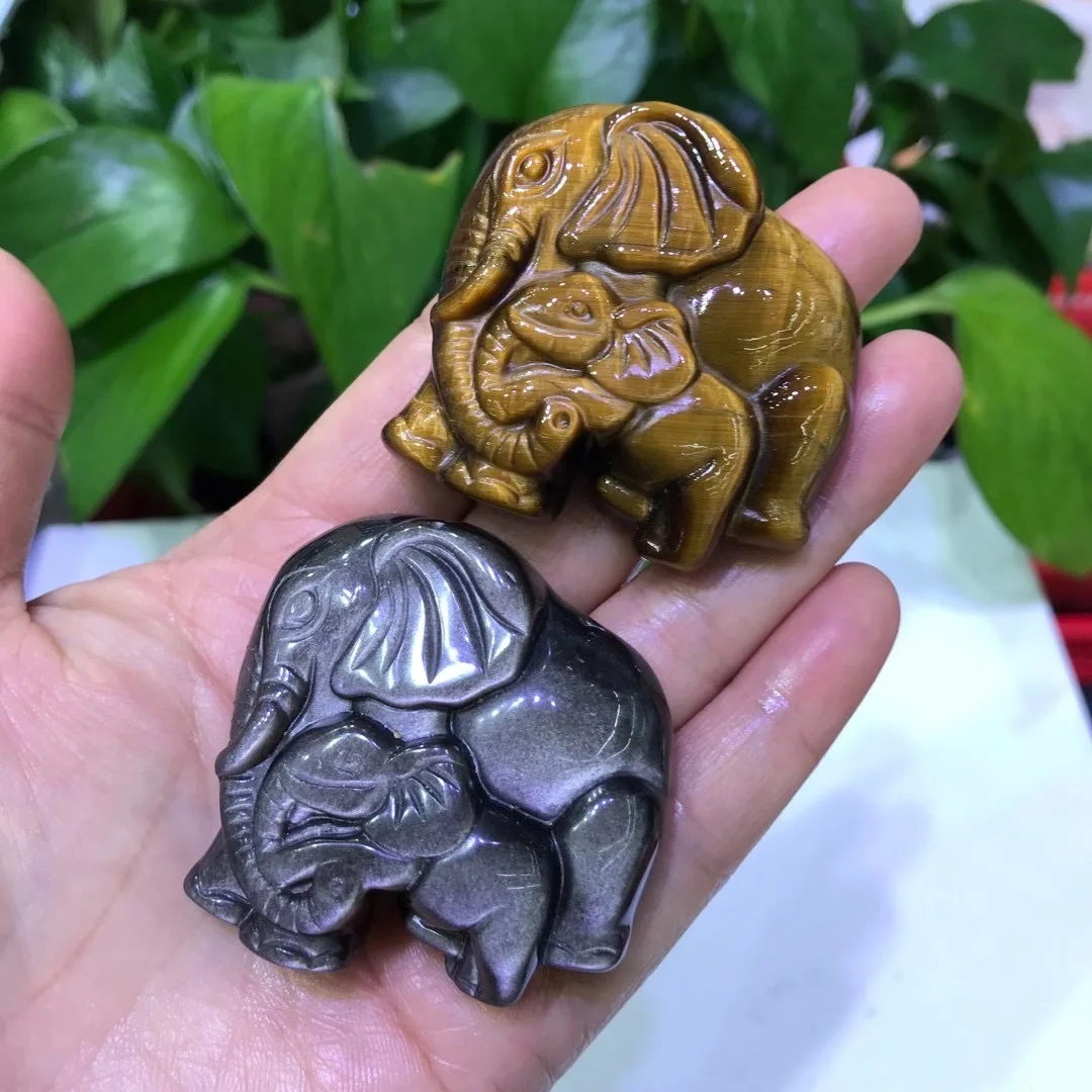 1 Pc Natural Stone Silver Obsidian Tiger Eye Mother And Child Elephant Handmade Carved Animal Figurine Home Decor Jewelry Gift