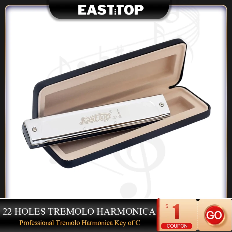 

EASTTOP 22 Holes Tremolo Harmonica Key of C Tremolo Mouth Organ Harmonica with Case for Adults Students Professional Players T22