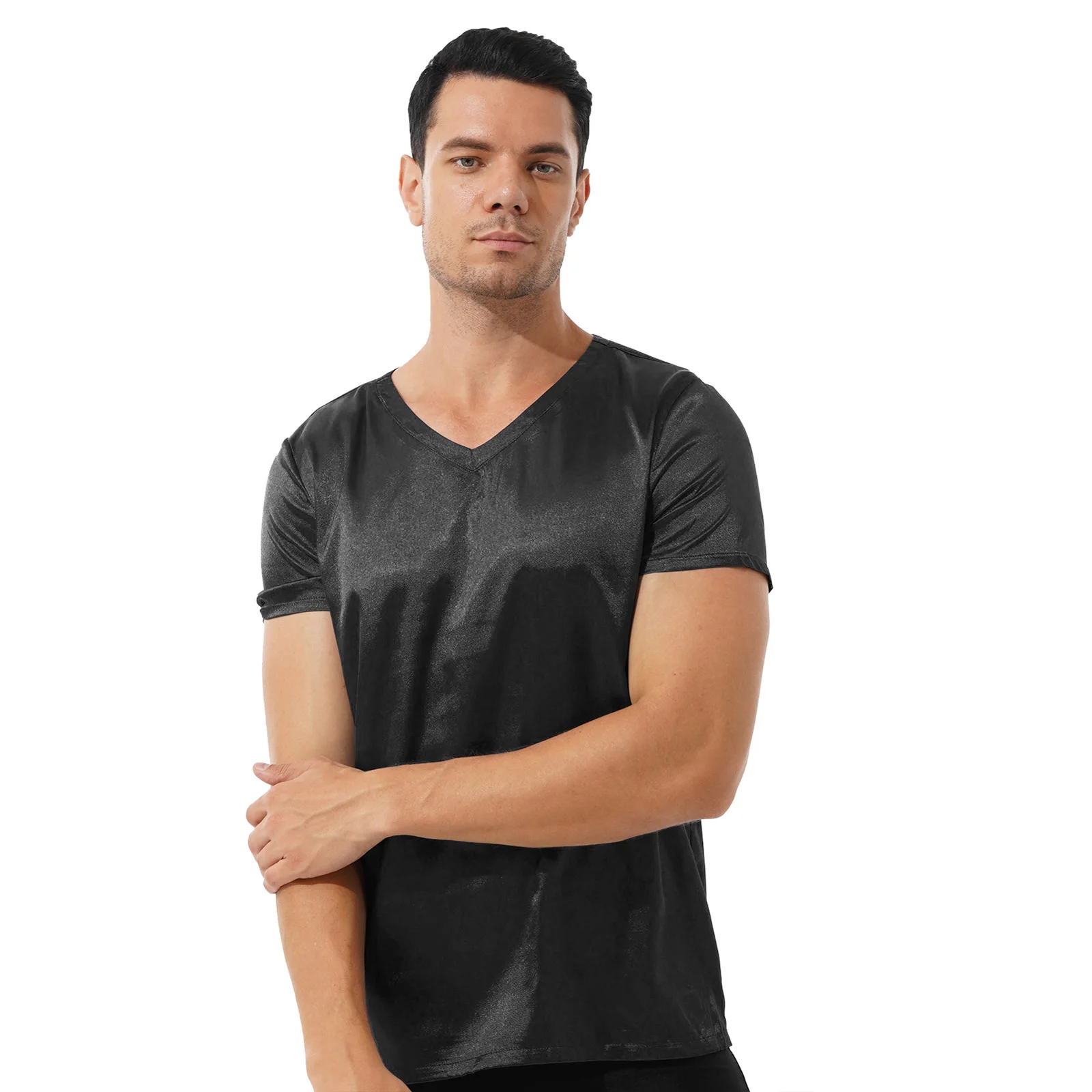 Mens Male Clothing V Neck Short Sleeve Satin Casual Comfortable T-Shirt Loose Pajamas Tops Loungewear Sleepwear Nightwear