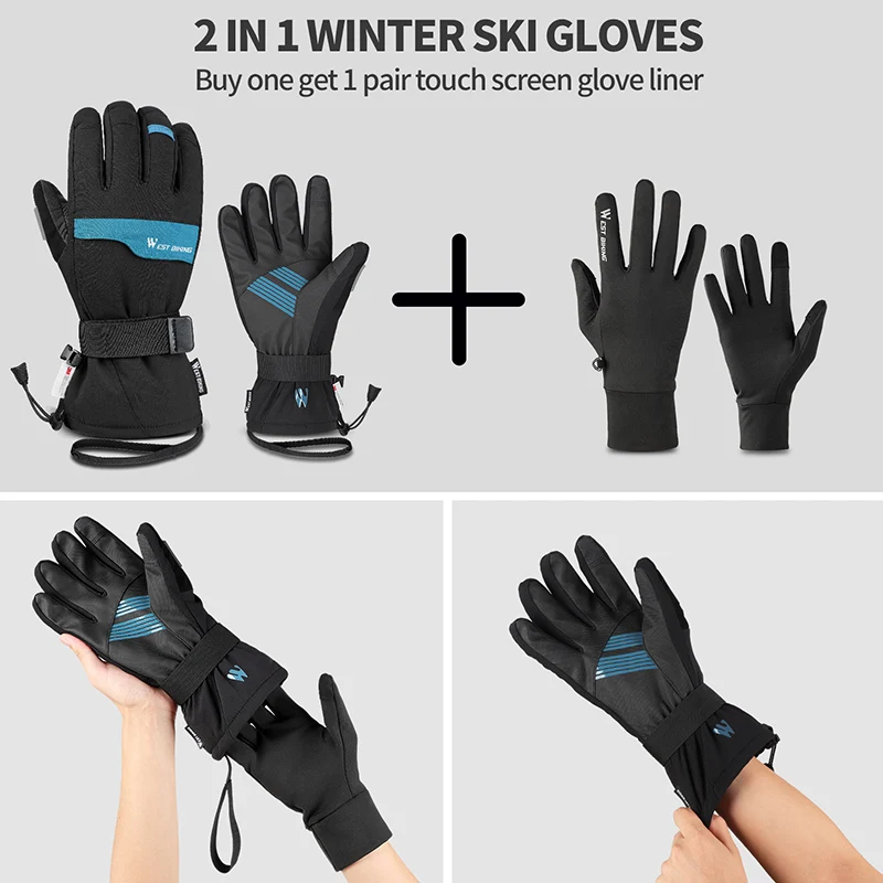 WEST BIKING 2 Pairs Suit Ski Gloves Winter Super Warm 3M Thinsulate Snowmobile Touch Screen Motorcycle Cycling Sports Gloves