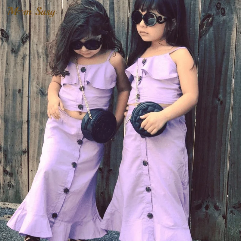 

Fashion Baby Girl Clothes Set Button Camisole+Long Skirt 2PCS Infant Toddler Baby Cotton Tshirt Suit Summer Baby Clothes 2-8Y