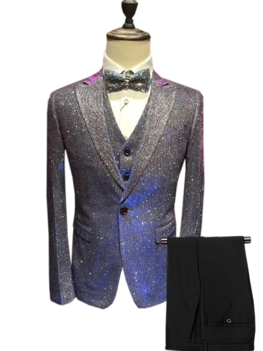 Mens Sequin Suit 3 Pieces Shiny Slim Fit Tuxedo Peak Notch Lapel For Party Wedding Groom Banquet Nightclub (Blazer+Vest+Pant)