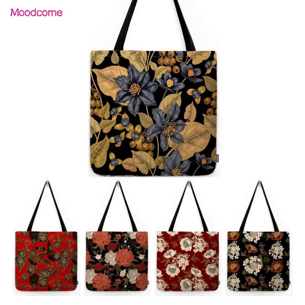 Red Black Tropical Leaf Palm Flower Rose Water Resistant Cotton Linen Shopper Fashion Canvas Shoulder Bag Large Tote Bag