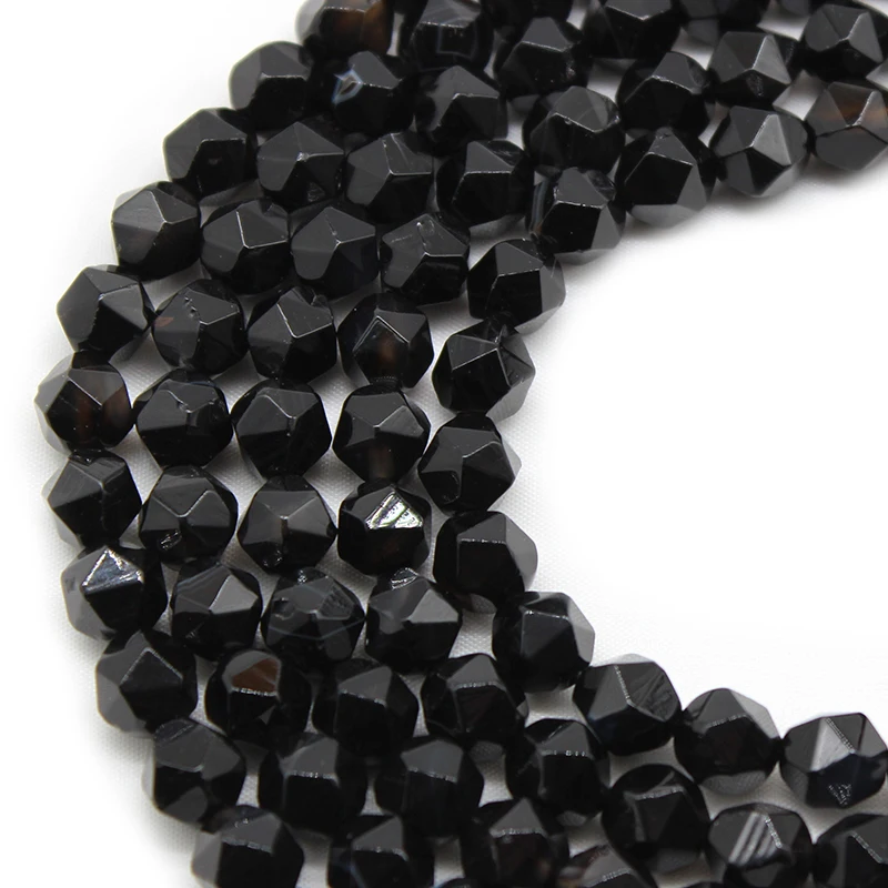 Natural Faceted Black Agates Onyx Stone Spacers Loose Round Beads DIY Earrings Bracelet for Jewelry Making 15\