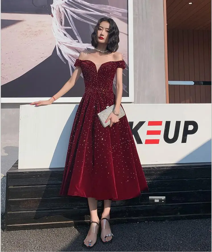 блестящий коктейль бургундского 2021 shinning off-the-shoulder A-line girls ankle length burgundy cocktail dress party gowns