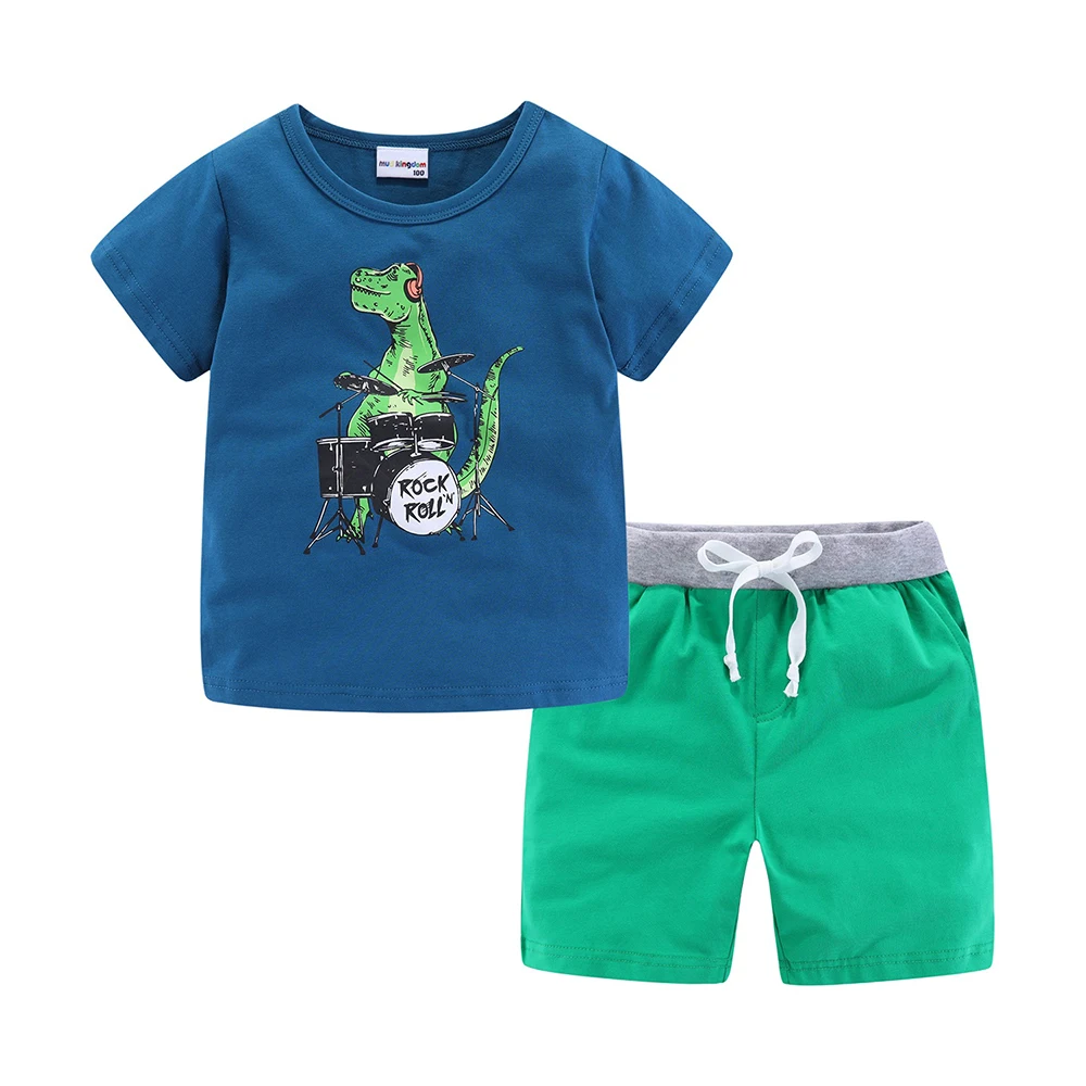 Mudkingdom Summer Boys Dinosaur Outfits Children Cartoon Clothes Kids Short Sleeve T-Shirt and Drawstring Shorts Clothing Suit