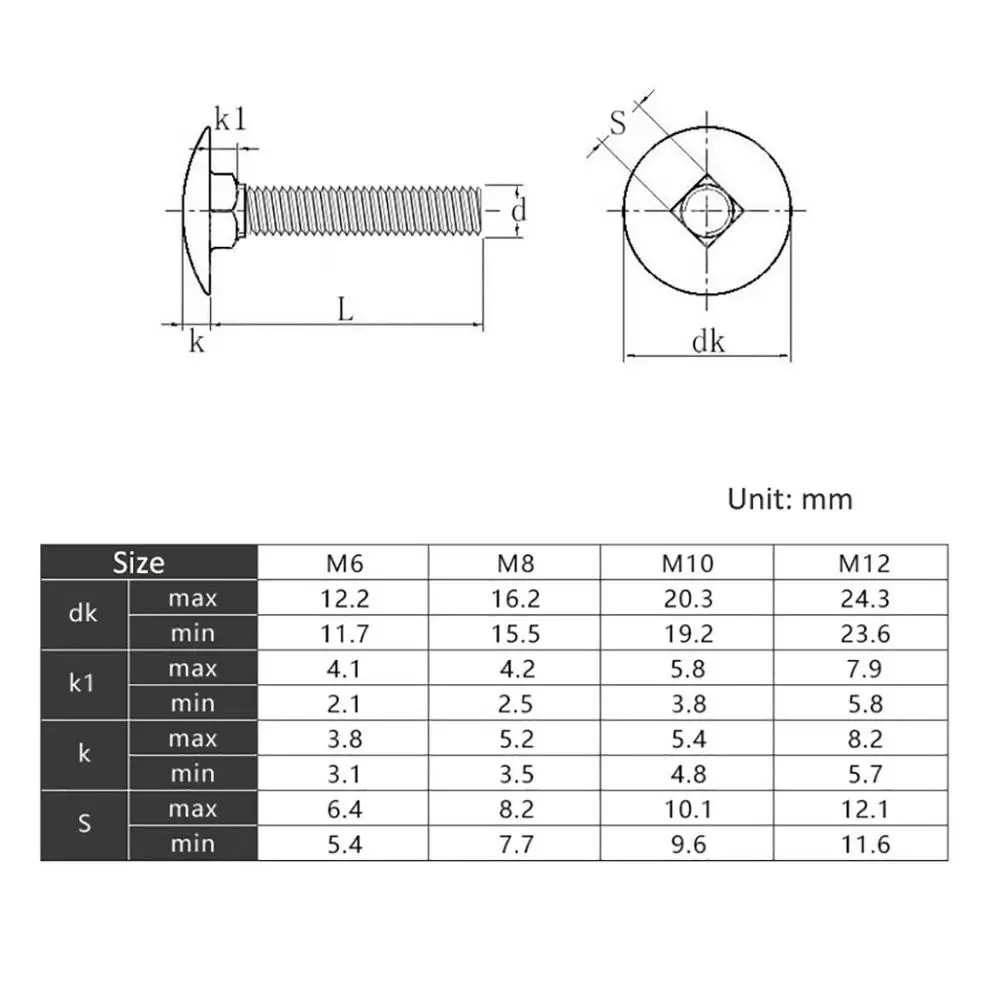 Carriage Bolts M6 M8 Carbon Steel White Zinc Plated GB12 Round Head Square Neck Screws Coach Bolts