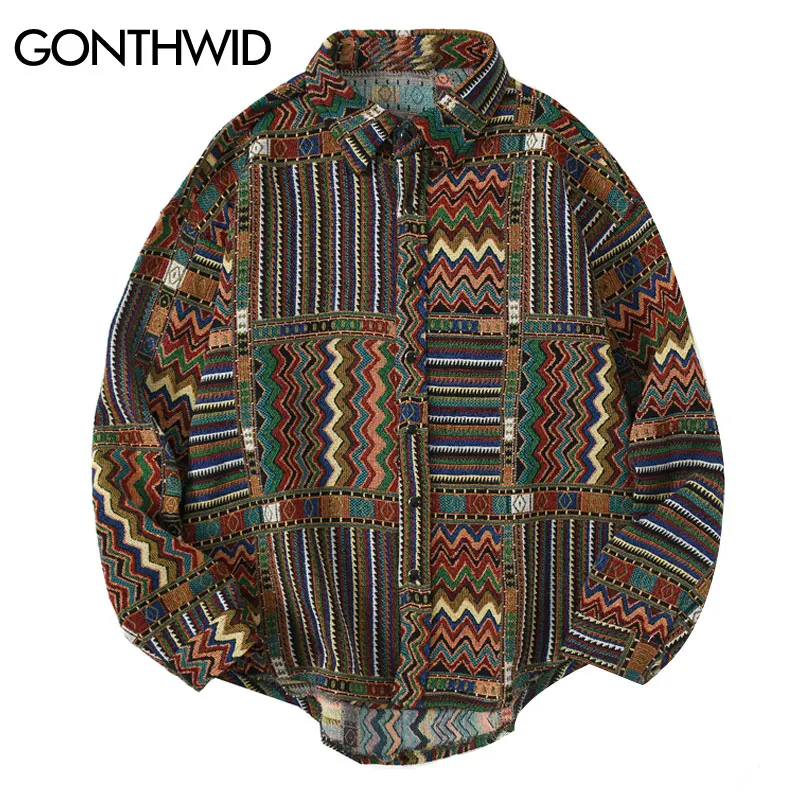 

GONTHWID National Style Color Block Geometric Pattern Long Sleeve Tees Shirts Streetwear Hip Hop Harajuku Casual Loose Shirt Top