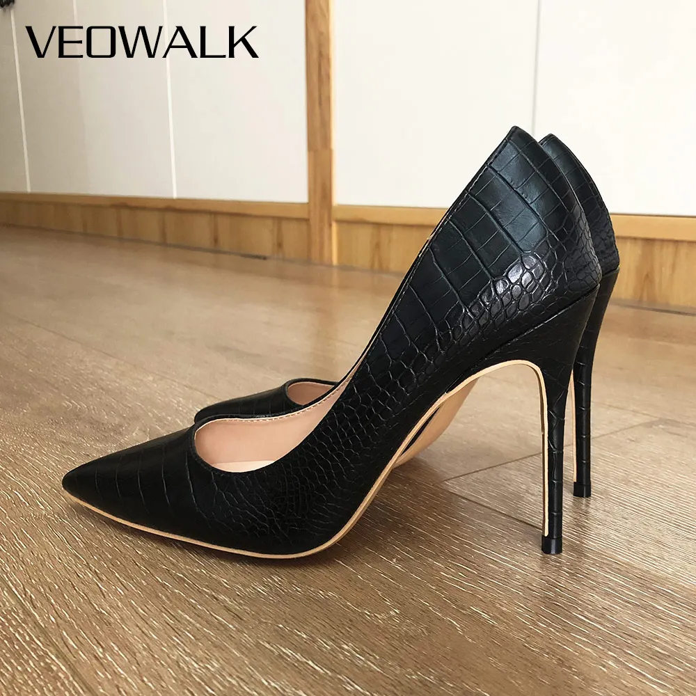 Veowalk marca italia stile donna classico tacchi a spillo tacchi alti donna Sexy Sanke Patern punta a punta pompe scarpe eleganti Comfort nero