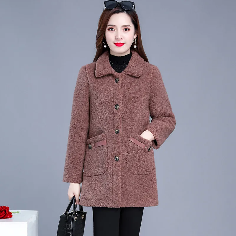 UHYTGF Middle-Aged Mother Autumn Winter Jacket Women Lamb Wool Warm Short Faux Fur Coat Korean Casual 5XL Loose Size Outwear1847