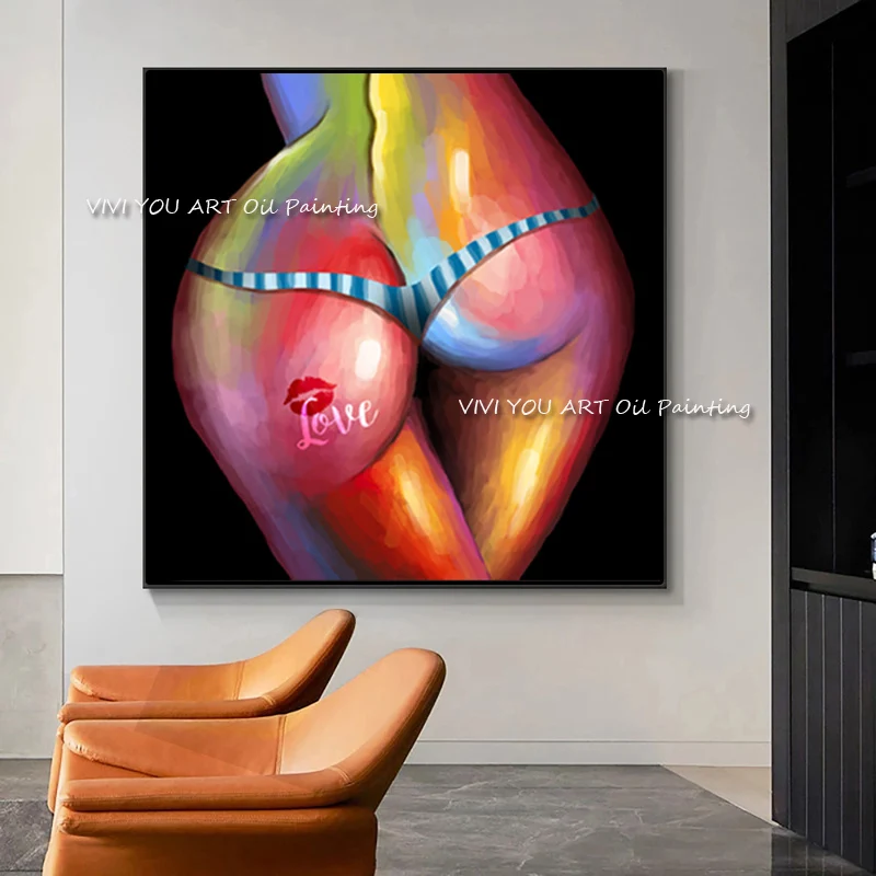 Large Size Hand-Painted Colorful Female Body Oil Painting, Pop Art Curvy Figure Square Canvas Modern Wall Decor