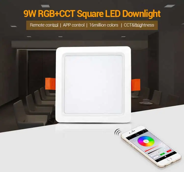 Milight 9W RGB+CCT Square LED Downlight AC100~240V 50/60Hz use with smartphone APP wifi 2.4G wireless remote panel control