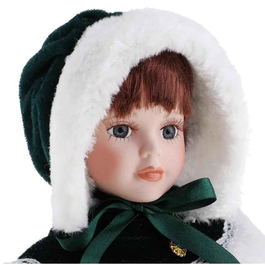 12inch Victorian Porcelain Doll with Stand People Figures in Green Plush Coat Hat Kids Gift Adult Collections