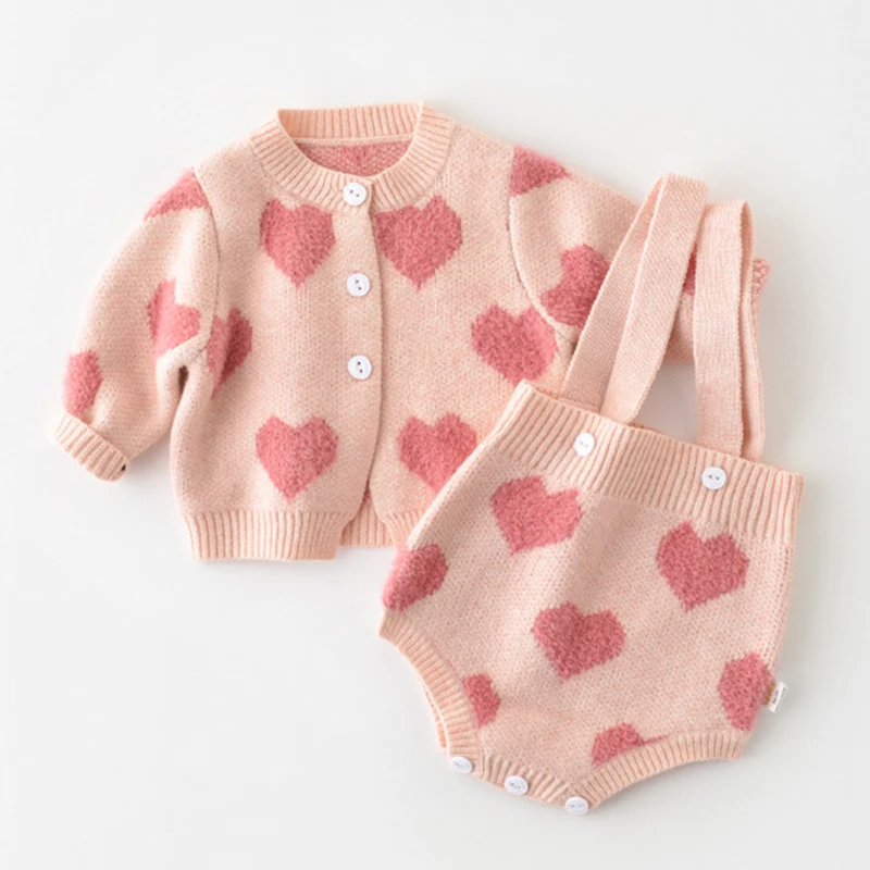 Spring Autumn Infant Baby Girls Knit Long Sleeve Loving Heart Coat + Rompers Clothing Sets Kids Girls Suit Clothes 0-2Yrs