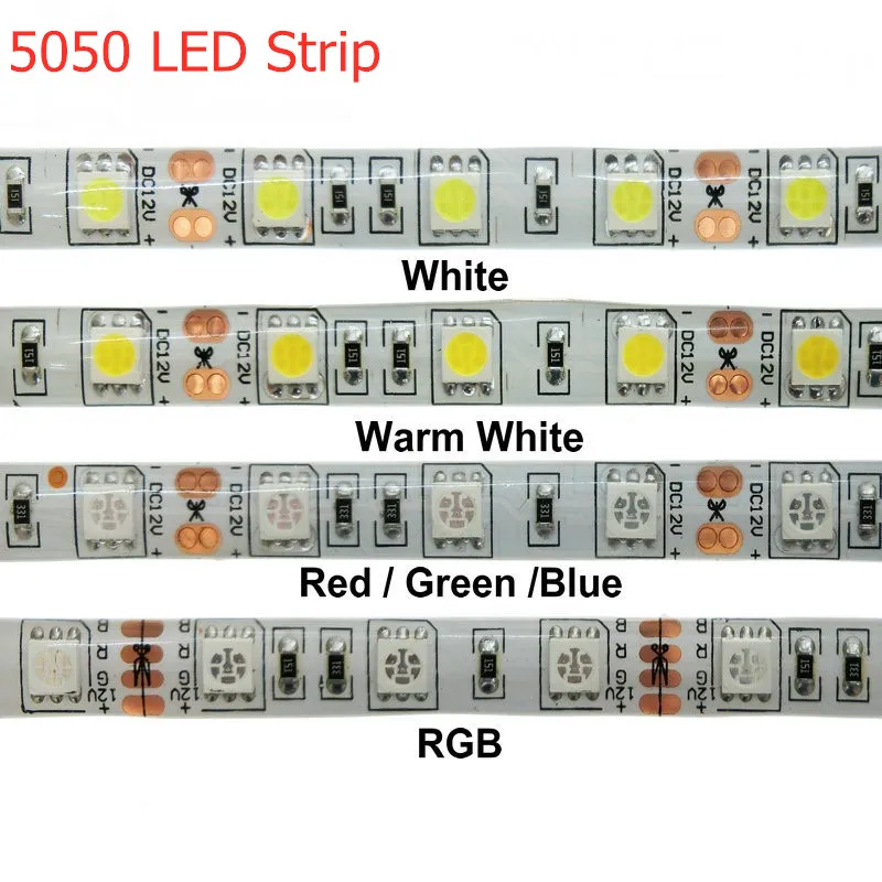 Fita LED flexível para decoração de casa, fita, fita, branco, quente, impermeável, ruben, RGB, SMD 2835, 5050, DC, 12V, 60LEDs por m, 5m