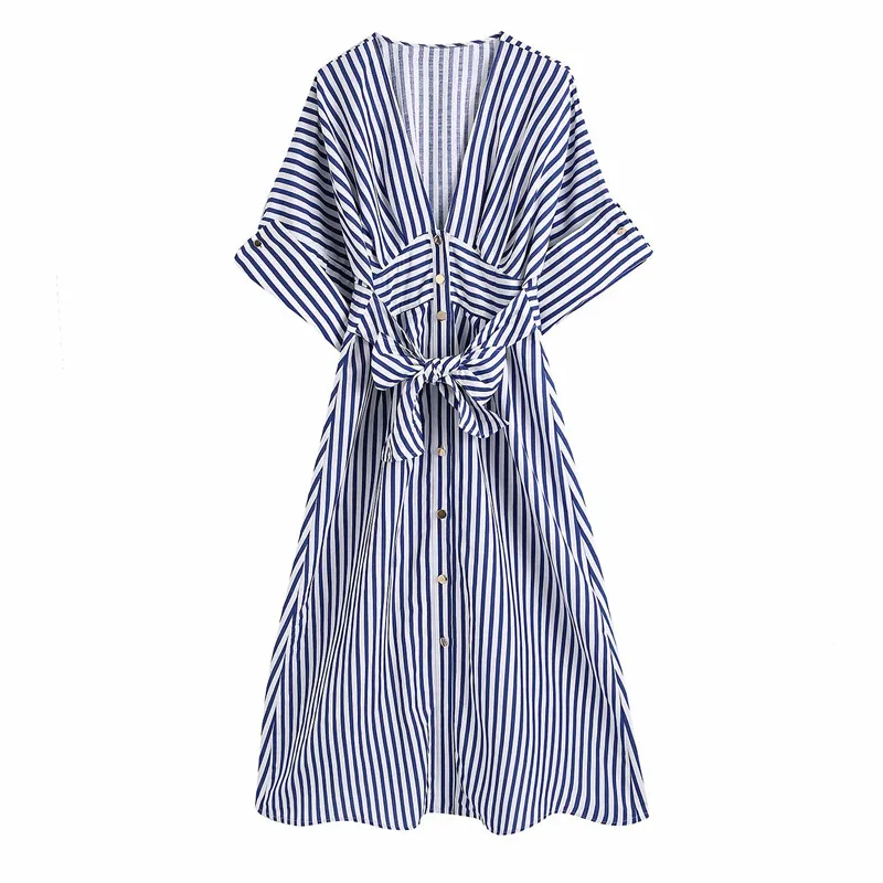 Evfer Women Casual Striped Za Summer Blue Long Dress With Belt Girls Fashion Single Breasted Short Sleeve High Waist Linen Dress