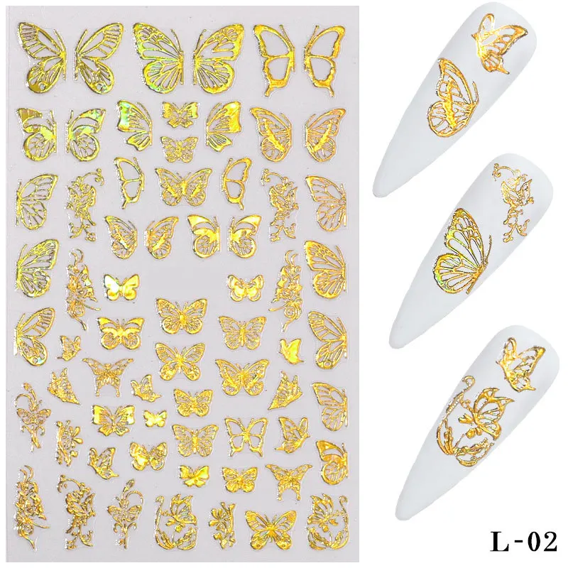 Nail Stickers 1Sheets 3D Butterfly Adhesive Sliders Colorful DIY Golden silver Nail Transfer Decals Foils Wraps Decorations