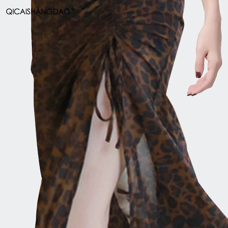 Fashion Chiffon Leopard Skirt 2021 Summer New Drawstring Irregular Women Long Skirts Elegant Sexy Split Plus Size Lady Faldas