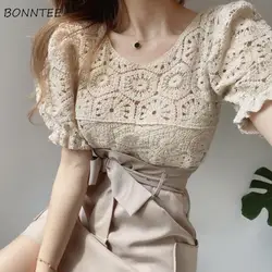 Blouses Women Retro Hollow Out Design Puff Sleeve Summer Office Lady Crop Top All-match Pure Simple Vintage Blusas Slim Clothing