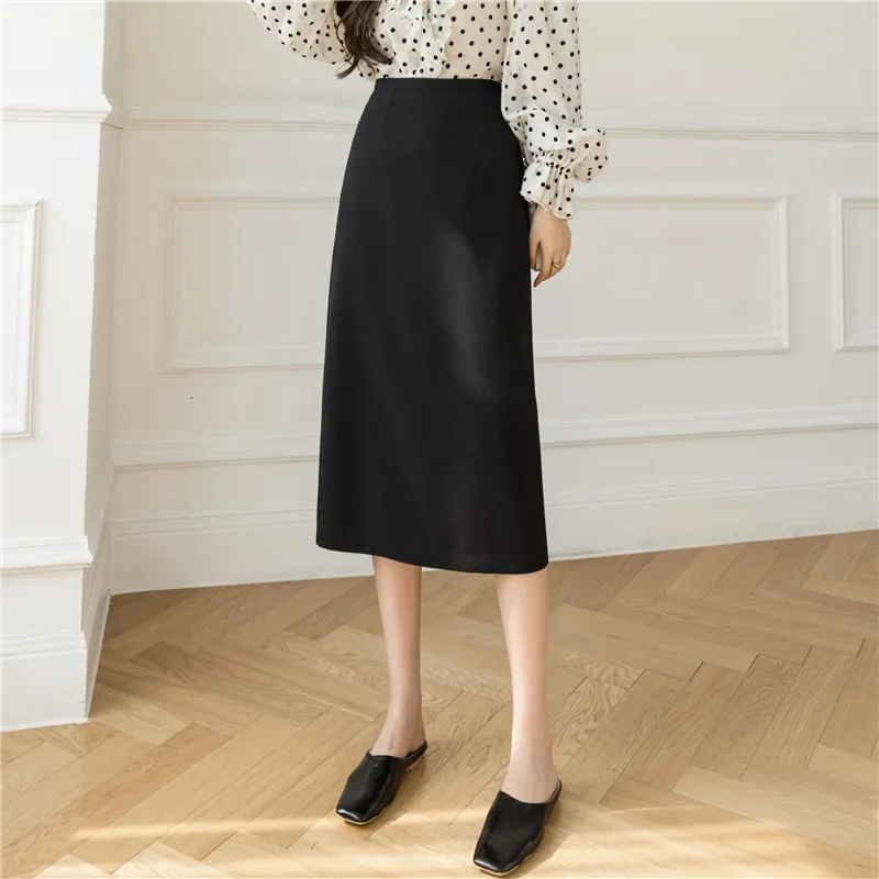 REALEFT 2021 New Autumn Women's Skirts Vintage High Waist Solid Color Office Ladies Casual Work Wear Pencil Midi Skirts Female