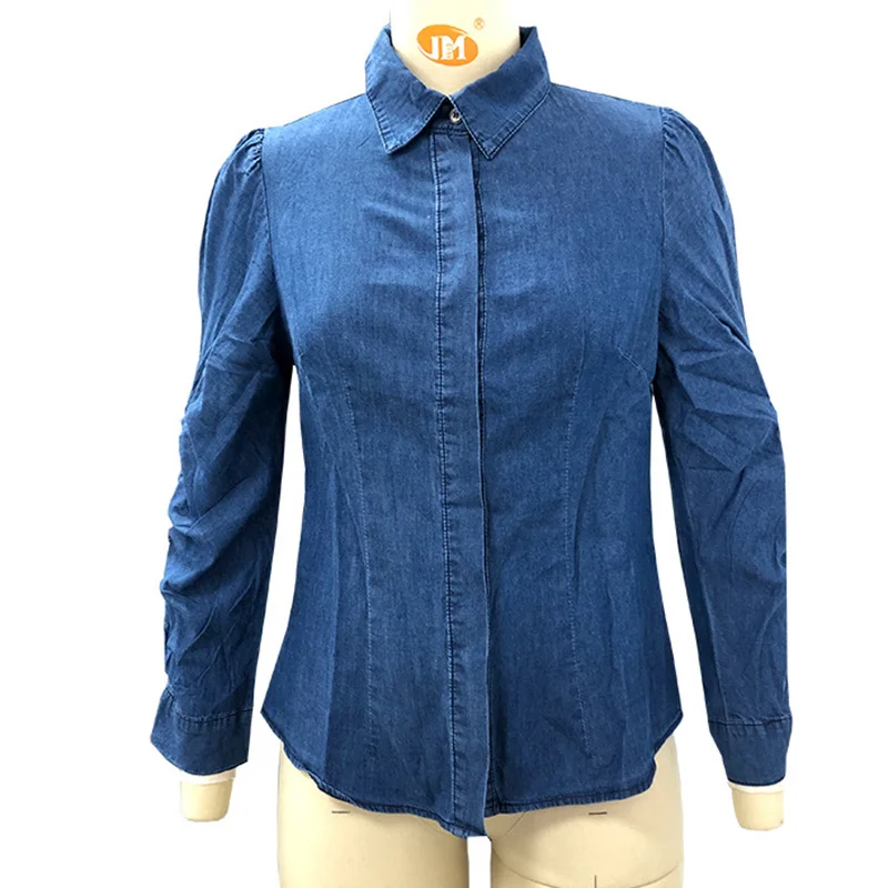 KHALEE YOSE Blue Denim Blouses Shirt Autumn Vintage Chic Women Shirt Blouse Long Sleeve Ruched Ladies High Street Tops Shirt