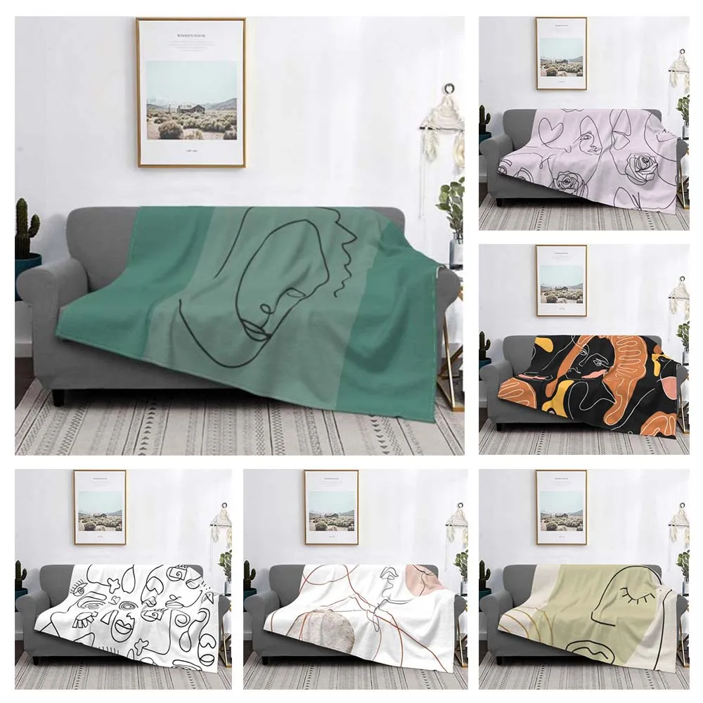 

One Line Face Abstract Blanket Sofa Cover Coral Fleece All Season Multifunction Warm Throw Blankets for Sofa Outdoor Bedspread